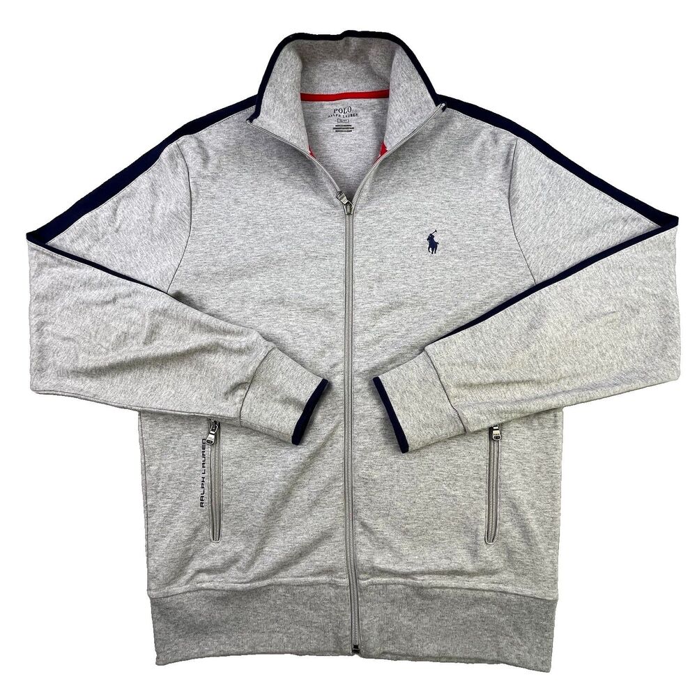 Polo Ralph Lauren Track Jacket Men's Small Gray Cotton Full Zip Pockets Sport